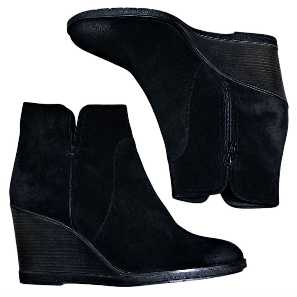 Kenneth Cole Reaction Dot-Ation Leather Suede Wedge Ankle Bootie Sz 11 Black